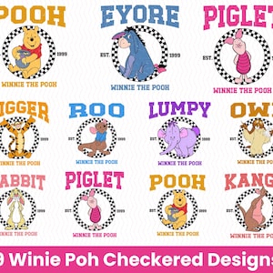 Puede incluir: Nueve dise&ntilde;os de personajes de Winnie the Pooh. Cada dise&ntilde;o presenta el nombre de un personaje en negrita, rodeado por un c&iacute;rculo a cuadros en blanco y negro. Los personajes incluyen Pooh, Eeyore, Piglet, Tigger, Roo, Lumpy, Owl, Rabbit y Kanga.