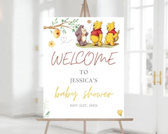 Bewerkbaar Winnie de Poeh-welkomstbord babyshower, vintage Winnie Bear-welkomstbord, afdrukbare babyshower 1229