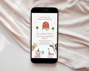 Editable Farm Animals Birthday Mobile Invitation Boy Farm Barnyard First Birthday Party Animals Confetti Download Template Printable 070