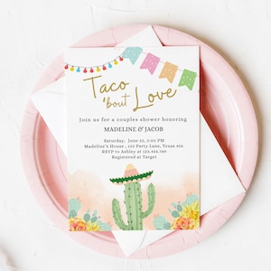 Invitación editable para despedida de soltera de Taco Bout Love, para parejas, estilo bohemio, fiesta, cactus, suculentas, desierto mexicano, descarga digital, plantilla imprimible 074