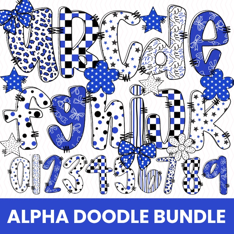 May include: A digital graphic featuring the alphabet and numbers, each letter and digit uniquely designed with patterns like leopard print, polka dots, and stripes in blue and white. The text "ALPHA DOODLE BUNDLE" is at the bottom.
