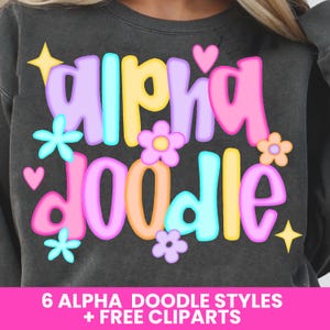 6 Farben Doodle Alphabet Preppy Buchstaben & Zahlen PNG Bundle, bunte A-Z az 0-9 Schriftart, Lehrer zurück in die Schule Sublimationsset