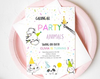 Editable Party Animals Birthday Invitation Wild One Animals Invitation Zoo Safari Animals Girl Download Printable Invite Template Corjl 011