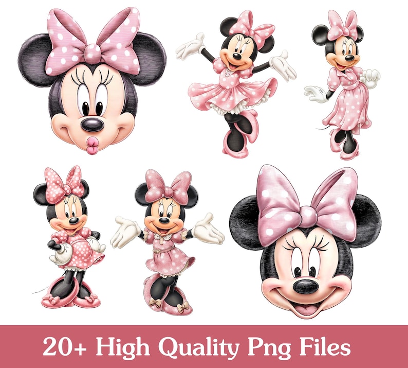 20+ Minnie Mouse Rosa Acquerello Kit Digitale Carino, Kit Digitale, Clipart Acquerello per Bambini, PNG 300 DPI, Baby Minnie Mouse Rosa immagine 4