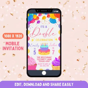 Modèle d'invitation mobile de fête d'anniversaire commune modifiable, conception d'anniversaire de frère ou de soeur ou double, modèle de fête modifiable, imprimable de toile