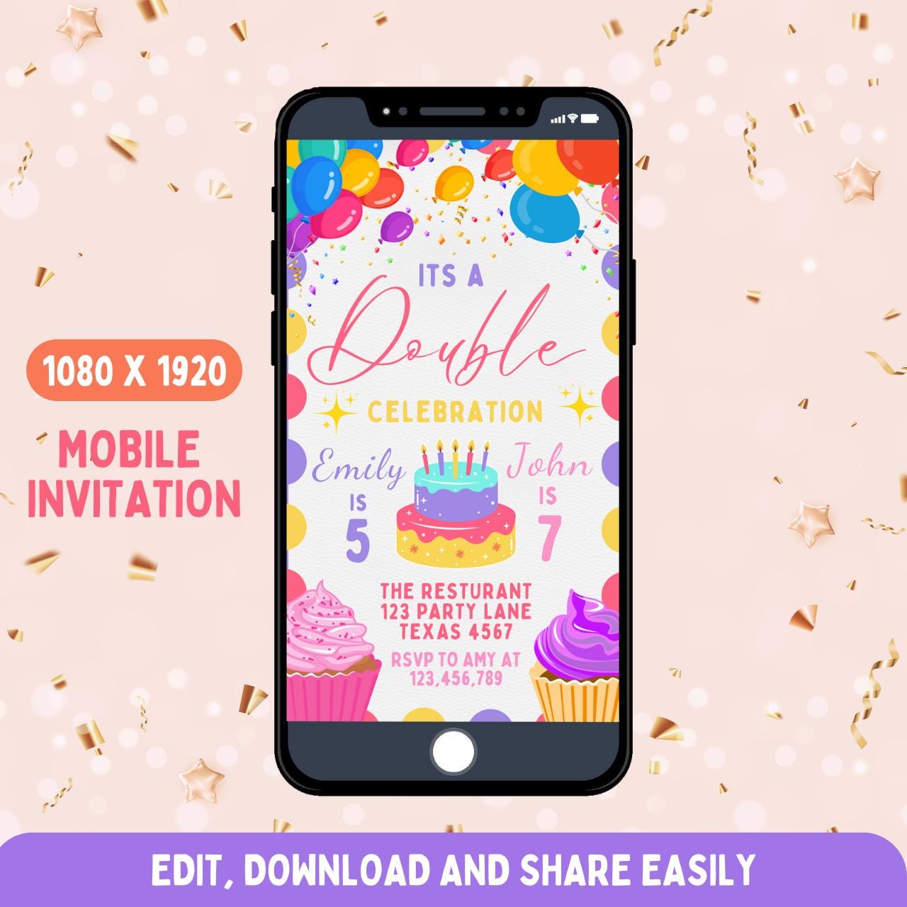 Editable Joint Birthday Party Mobile Invitation Template, Sibling or Double Birthday Design, Canva Editable, Printable Party Template