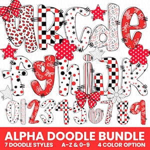 May include: A digital alphabet and number set in a doodle style. The letters and numbers are decorated with patterns like leopard print, polka dots, bows, and stars. The color scheme includes red, black, and white. The image also includes the text "ALPHA DOODLE BUNDLE".