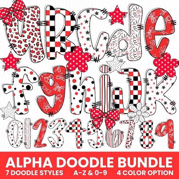 Preppy Alpha set, School Spirit Alpha Set Png, Doodle Letters, Hand Lettered, Blue and Black, Red, Green, Gold, Maroon, 4 Patterns, Digital