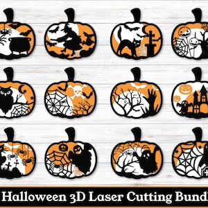 May include: Twelve Halloween-themed pumpkin-shaped 3D laser cut designs. The designs feature various Halloween icons such as an owl, a cat, a ghost, a spider, a witch, a skull, a cross, a tree, a house, and a spider web.