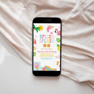 Editable Splish Splash Birthday Invitation Pool Party Girl Summer Waterslide Water Party Pink Electronic Phone Template Digital 1114