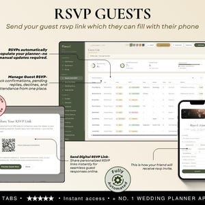 May include: A digital wedding planner interface displaying a guest list dashboard, an RSVP link sharing window with a QR code, and a mobile phone view of a guest RSVP form. The text includes RSVP GUESTS, 24 TABS, and NO. 1 WEDDING PLANNER APP.