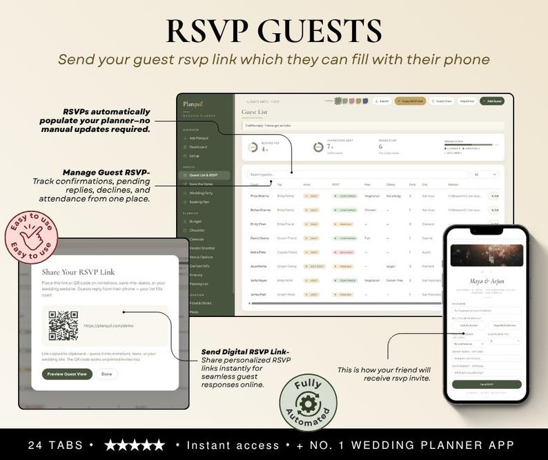 May include: A digital wedding planner interface displaying a guest list dashboard, an RSVP link sharing window with a QR code, and a mobile phone view of a guest RSVP form. The text includes RSVP GUESTS, 24 TABS, and NO. 1 WEDDING PLANNER APP.