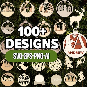 Puede incluir: Una colección de más de 100 diseños de adornos navideños en formatos SVG, EPS, PNG y AI. Los diseños presentan una variedad de temas, que incluyen símbolos navideños tradicionales, escenas de invierno y personajes navideños. Los diseños son perfectos para crear adornos, regalos y decoraciones personalizados.
