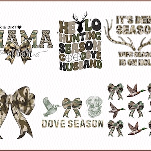 May include: A collection of hunting-themed graphics with text and illustrations. Designs include camouflage bows, ducks, a dog, and phrases like "Mama of both," "Hello Hunting Season," and "It's Deer Season." The color palette features greens, browns, and tans.