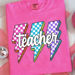 Lightning Bolt Teacher Png, Back To School Png, Checkered Teacher Png, Teacher , Neon Teacher Shirt Png, Retro Teacher Png