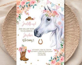 Editable Horse Birthday Invitation Girl Saddle Up Watercolor Cowgirl Party Horse Invite Pink Floral Download Printable Template 058