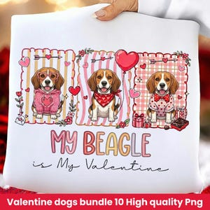 Peut inclure: Un coussin blanc avec trois beagles de dessin anim&eacute; v&ecirc;tus pour la Saint-Valentin. Les chiens sont dans des cadres avec des c&oelig;urs, des fl&egrave;ches et des fleurs. Le texte "MY BEAGLE is My Valentine" est en dessous. Le bas du coussin porte l'inscription "Valentine dogs bundle 10 High quality Png".