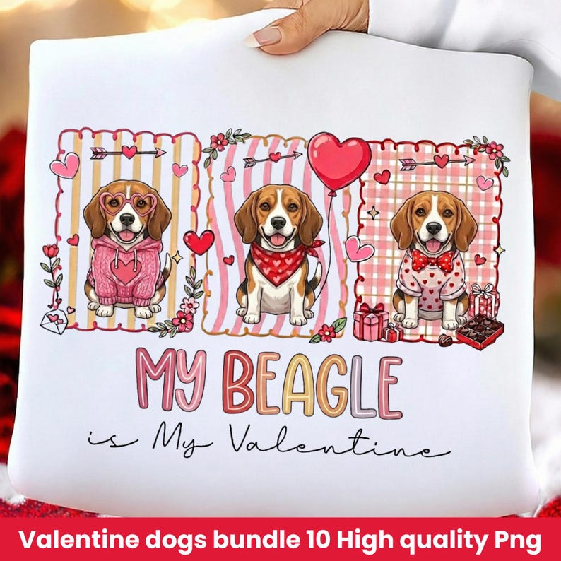 Peut inclure: Un coussin blanc avec trois beagles de dessin anim&eacute; v&ecirc;tus pour la Saint-Valentin. Les chiens sont dans des cadres avec des c&oelig;urs, des fl&egrave;ches et des fleurs. Le texte "MY BEAGLE is My Valentine" est en dessous. Le bas du coussin porte l'inscription "Valentine dogs bundle 10 High quality Png".