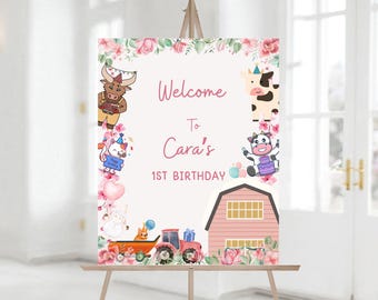 Editable Farm Birthday Party Welcome Sign, Printable Barnyard Farm Animals First Birthday, Girl Pink, Decor Sign Template 1197