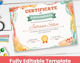 Editable Blank Certificate for Kids | Appreciation Certificate | Certificate Template | Award of Awesomeness | Achievement Certificate