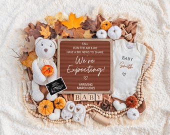 Herbst-Schwangerschaftsankündigung, Babymitteilung, digitaler Download, bearbeitbare Vorlage, Social Media Reveal, Instagram, Kürbis, den wir erwarten