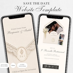 May include: Two smartphones displaying a Save the Date website template. The screens show a cream-coloured background with an envelope graphic, a wax seal with the initials B & I, and text including A Love Letter From Benjamin & Isabel.