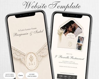 Elegante websitesjabloon met bewaardatum | Parel- en ivoorkleurige bewaar-de-datum-website | Digitale huwelijksuitnodiging met antwoord | Direct downloaden