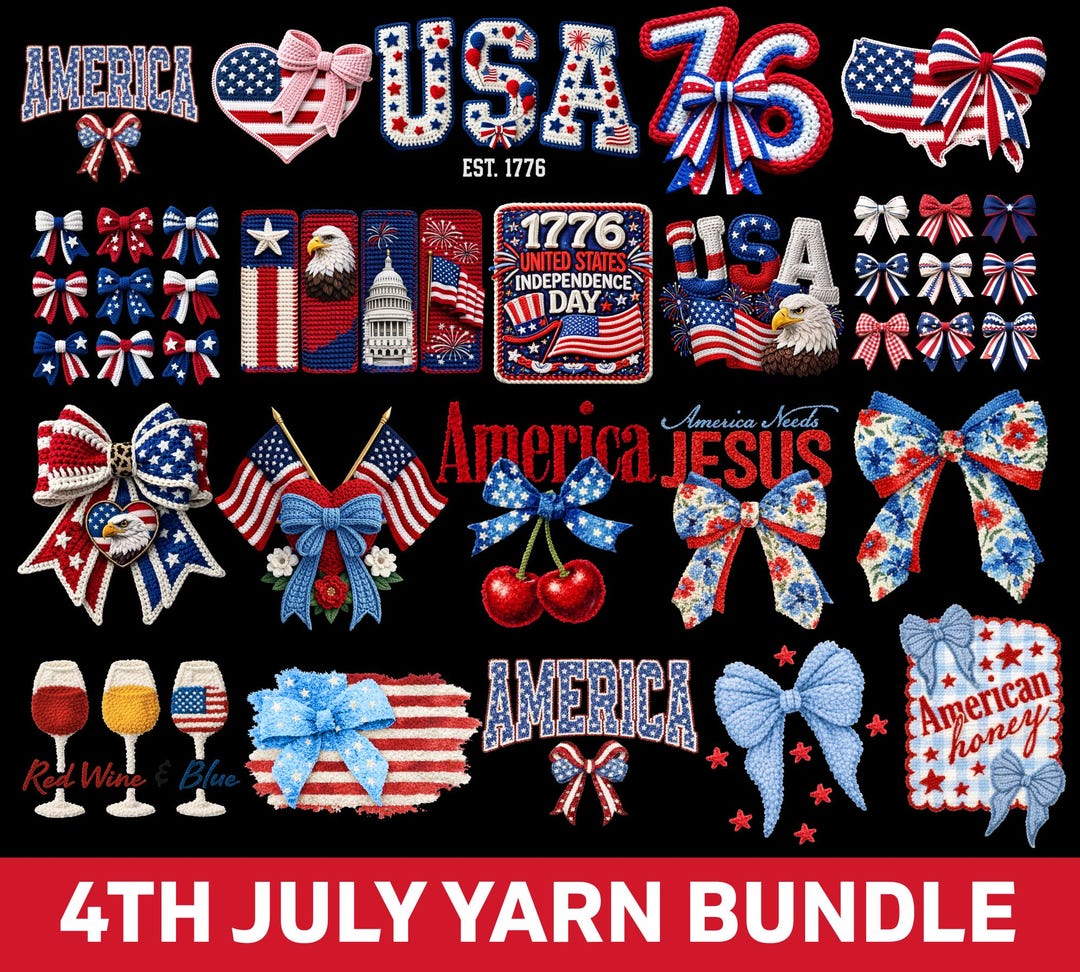 4th of July PNG Bundle Faux Yarn USA Flag Coquette Bow Land of the Free ...