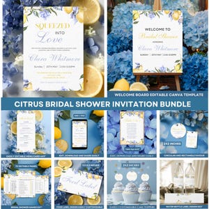 Brautduschen-Bundle mit Zitrusfrüchten - Bearbeitbare Main Squeeze-Einladung & druckbare Spiele, Blumendesign in Blau und Orange