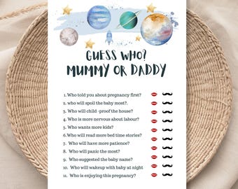 Editable Mommy or Daddy Baby Shower Game Guess Who Outer Space Planets Houston We Have a Boy Rocket Activity Template Printable 121