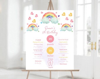 Könnte beinhalten: Ein farbenfrohes Geburtstags-Meilenstein-Poster mit Regenbögen, Wolken und Herzen. Das Poster zeigt den Namen eines Mädchens, Emma, und Details zu ihrem 5. Geburtstag, darunter ihr Gewicht, ihre Größe und die Anzahl ihrer Zähne. Das Poster ist perfekt, um den Geburtstag eines Kindes zu feiern.