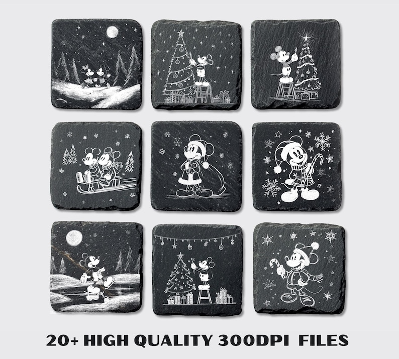 File per incisione su ardesia natalizia di Mikey Mouse, Illusion Laser PNG, Laser Burn, Sottobicchieri in ardesia PNG, Glowforge, topo e amici, incisione laser immagine 2