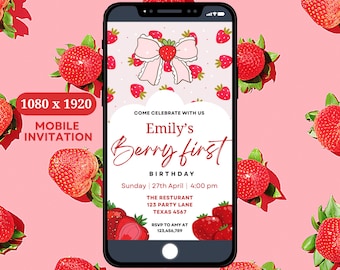 Berry First Birthday Mobile Invitation Template, Strawberry Party Design, Berry 1st Celebration, Bow-Themed First Birthday Editable S004
