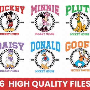 Puede incluir: Seis dise&ntilde;os gr&aacute;ficos coloridos con los personajes de Disney Mickey, Minnie, Pluto, Daisy, Donald y Goofy. Cada personaje est&aacute; dentro de un c&iacute;rculo a cuadros blanco y negro con el texto "Mickey Mouse" y "Est. 1999". Las palabras "6 High Quality Files" est&aacute;n en la parte inferior.