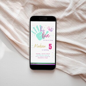May include: A digital invitation for a child's 5th birthday party. The invitation features a colourful handprint design with the text "Hi Five! It's time to party!" and the child's name, Madison, is turning 5. The invitation includes the date, time, and location of the party, as well as RSVP information.