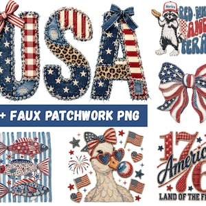May include: A collection of patriotic digital designs featuring the word "USA" in a patchwork style, a raccoon with a hotdog, a bow, fish, a duck with sunglasses, and the text "America 1776".