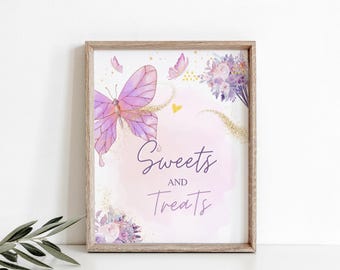 Letrero de mariposa para cumpleaños, dulces y golosinas, letrero floral para baby shower, letrero para decoración de mesa, descarga instantánea 536