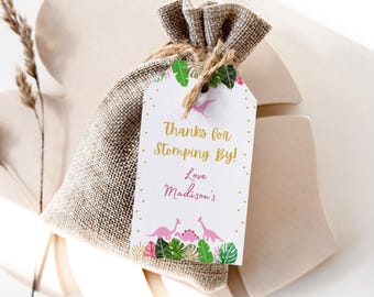 Può includere: Sacchetto regalo per feste di dinosauri rosa e verde con un'etichetta che dice "Grazie per essere venuto! Con affetto, Madison's".