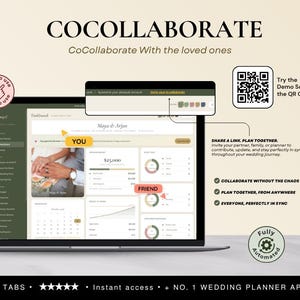 May include: A digital interface for a wedding planning application titled COCOLLABORATE. The screen displays a dashboard with budget trackers, calendars, and task lists. A QR code is visible for a demo scan, alongside text prompts for collaborative planning features.