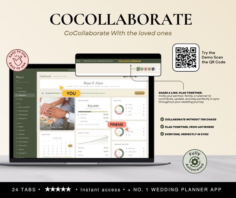 May include: A digital interface for a wedding planning application titled COCOLLABORATE. The screen displays a dashboard with budget trackers, calendars, and task lists. A QR code is visible for a demo scan, alongside text prompts for collaborative planning features.