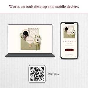 May include: A laptop and a smartphone displaying a digital wedding invitation with a sage green envelope, floral accents, and the text 'Works on both desktop and mobile devices.' A QR code is positioned below with the text 'Try the Demo Scan the QR Code.'