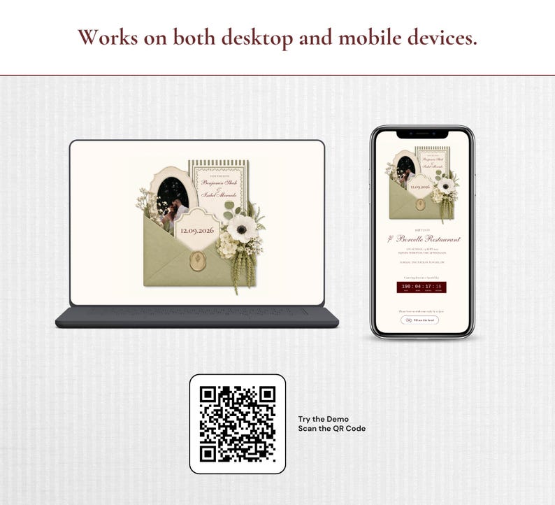 May include: A laptop and a smartphone displaying a digital wedding invitation with a sage green envelope, floral accents, and the text 'Works on both desktop and mobile devices.' A QR code is positioned below with the text 'Try the Demo Scan the QR Code.'