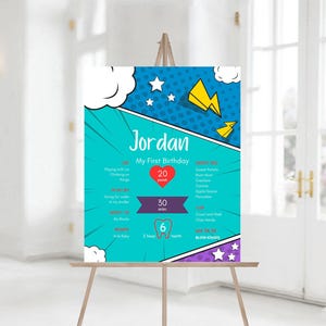 以下が含まれることがあります： コミックをテーマにしたカラフルな1歳の誕生日ポスター。ポスターには「ジョーダン」という名前と、体重、身長、好きな食べ物、そしてマイルストーンなど、子供の最初の1年間の詳細が記載されています。ポスターは星、稲妻、歯で飾られています。
