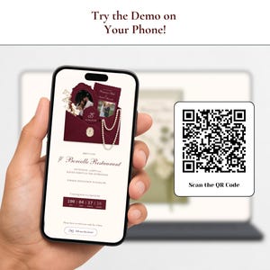 Op de afbeelding: Een smartphonescherm met een digitale trouwuitnodiging in diep bordeauxrood met een afteltimer, parelaccenten en de tekst Try the Demo on Your Phone! en Borcelle Restaurant. Een QR-codevak met de tekst Scan the QR Code staat ernaast.