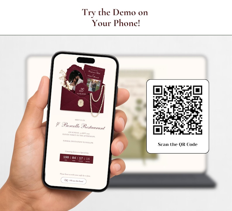 Op de afbeelding: Een smartphonescherm met een digitale trouwuitnodiging in diep bordeauxrood met een afteltimer, parelaccenten en de tekst Try the Demo on Your Phone! en Borcelle Restaurant. Een QR-codevak met de tekst Scan the QR Code staat ernaast.