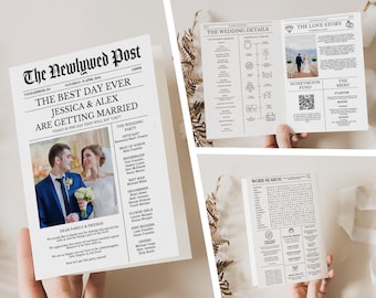 Editable Newspaper Wedding Program Template, Editable Wedding Infographic, Unique Wedding Program, Printable Wedding Timeline, Word Search