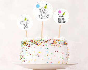 Adornos para cupcakes con forma de animales de fiesta, etiquetas de regalo, decoración para fiestas de cumpleaños, animales de safari, zoológico, cumpleaños, Wild One, descarga digital, IMPRIMIBLE 011