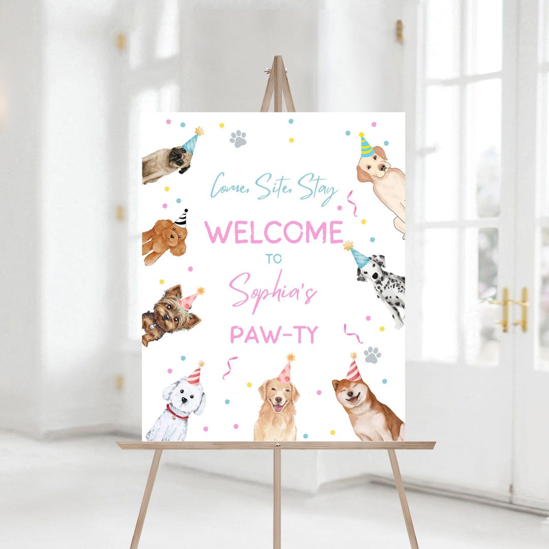 Editable Dog Birthday Party Welcome Sign Puppy Birthday Invite Pink ...