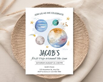 Editable Outer Space First Birthday Invitation Galaxy Blast Off First Trip Around the Sun Download Printable Template Digital 121