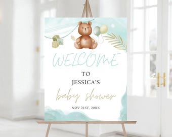 Editable Teddy Bear Baby Shower Welcome Sign, Brown teddy bear Baby Shower Welcome Sign, Printable Baby Shower Sign 1232